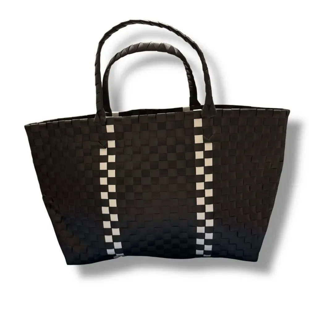 Kate Spade Large Woven Tote Black White Checkered Coastal Clean Girl Style